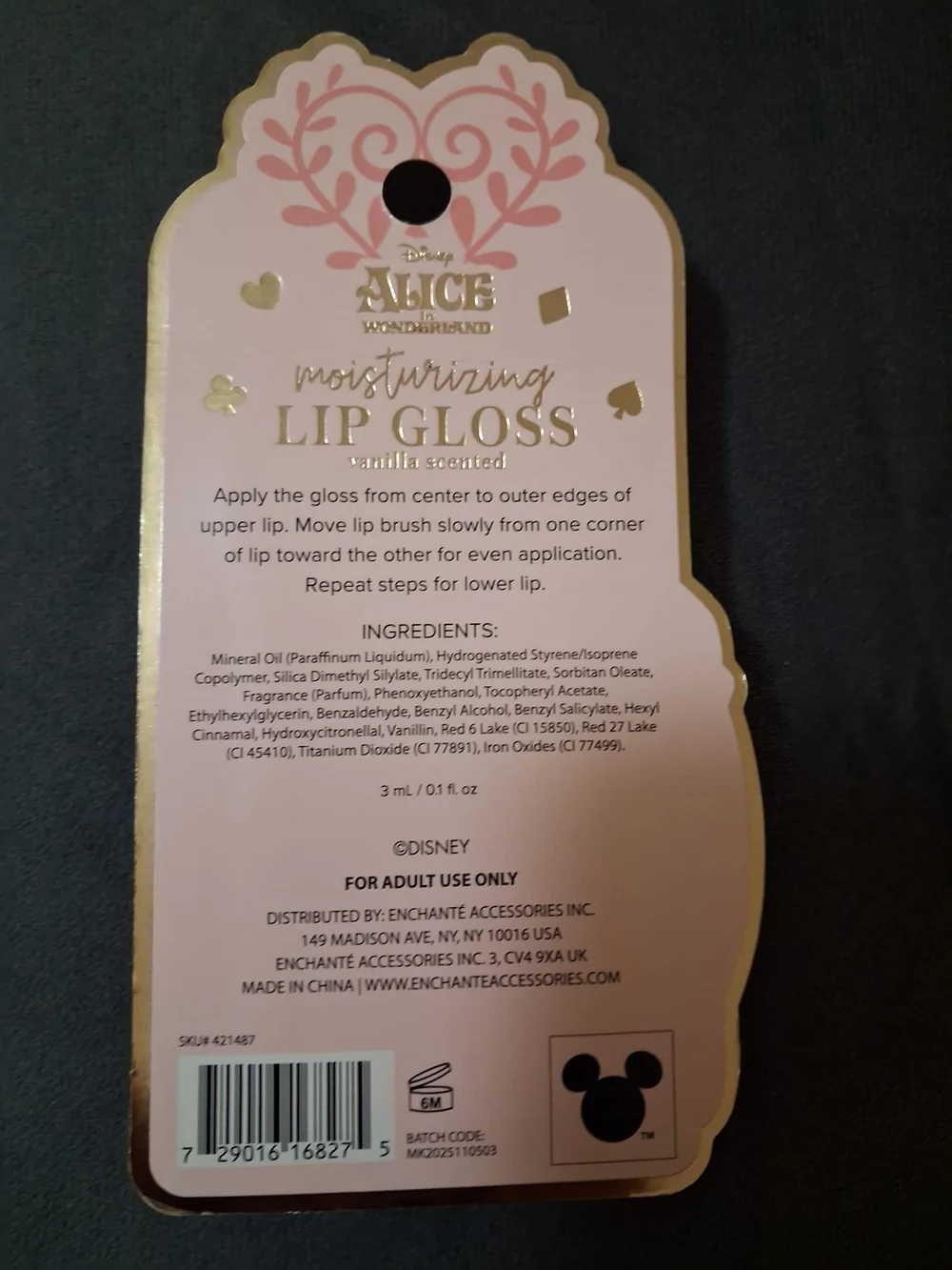 Disney Alice in Wonderland Pink and Gold Moisturizing Lip Gloss
